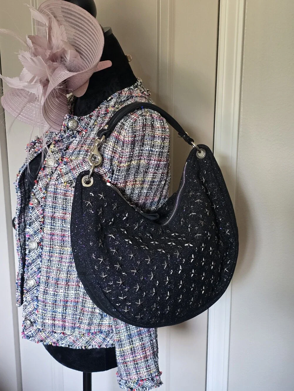 Authentic Jimmy Choo Black Embellished Crescent Shoulder Bag